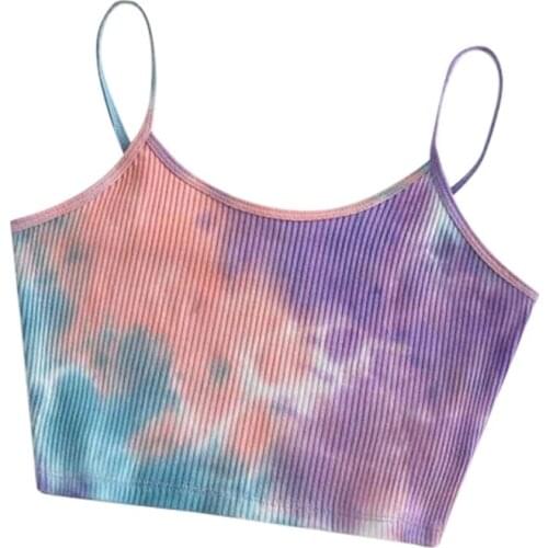 Women Fashion Tie Dye Print Tank Vest Summer Sleeveless Sexy Crop Tops Ribbed Knitted Tunic Leisure Basic Bodycon Bra Camis