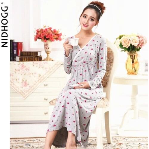 Autumn Soft Loose Night Gown Womens Pregnant Clothing Nightwear Long-Sleeved Plus Size Sleepwear Modal Chest Pad Nightdress