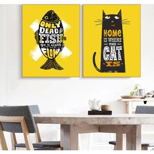 Nordic Poster Prints Black Cat Fish Qotes Wall Decor Cuadros Decoracion Yellow Wall Art Picture Kitchen Living Room Decoration