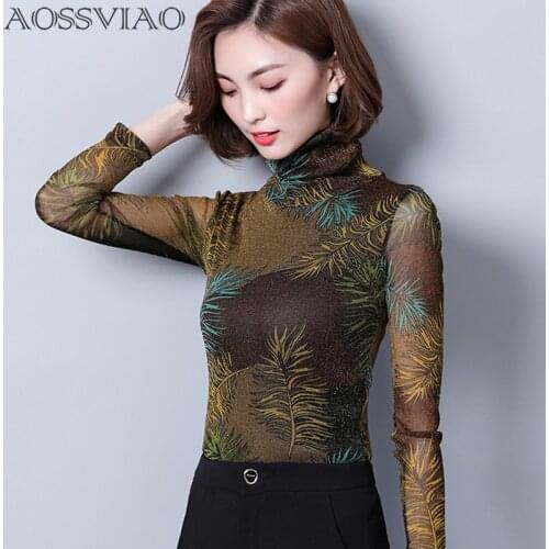 Print Floral Shirt Mesh Turtleneck Vintage Blouse Long Sleeve Womens Tops 2020 Autumn Slim Korean Women Shirts Camisas Femininas