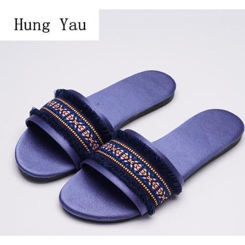 Women Slippers Flips Flops Shoes Summer Breathable Silk Woman Fashion Embroider Platform Sandals Slides Non-slip Flat Indoor
