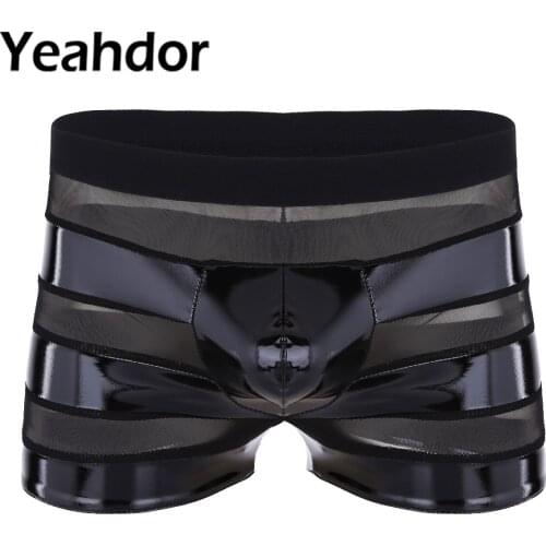 Sexy Mens Erotic Lingerie Boxer Briefs Shorts Wetlook Faux Leather Mesh Patchwork Stripe Low Rise Underwear Panties for Men