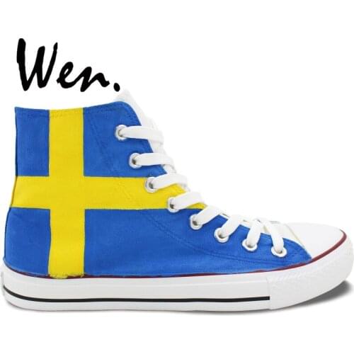 Wen Hand Painted Shoes Design Custom Sweden Flag Unisex High Top Canvas Sneakers Lace up Platform Plimsolls Men Women Big Size