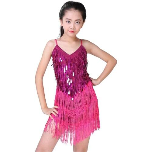 Sequins Kids Girls Ballet Dance Ballerina Dresses Tassel Skirt Latin Dance Costumes Salsa Ballet Tango Rumba Ballroom Dancewear