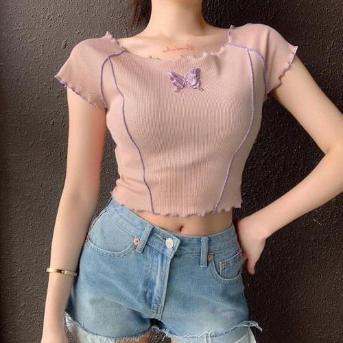 Womens Short T-Shirt Irregular Top Butterfly Embroidery Knitted Slim Short Sleeve Summer Jacket