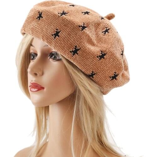 Printed Five Stars Beret Hat Women british style Painter hat Wool Hat Vintage Female Fashion Cap Pumpkin hat