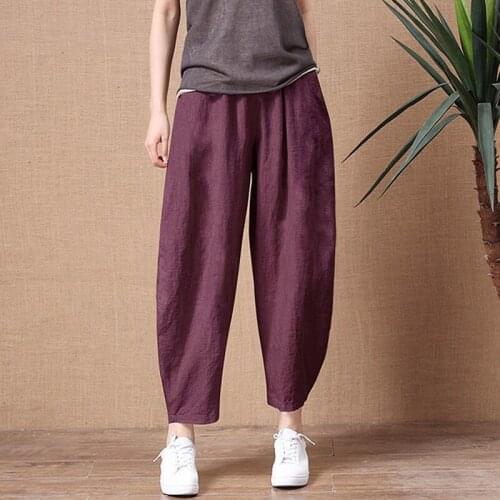 Womens Cotton Linen Pants Elastic Waist Vintage Trousers Lady Loose Casual Pants S-2XL Retro Literary Cotton Trousers