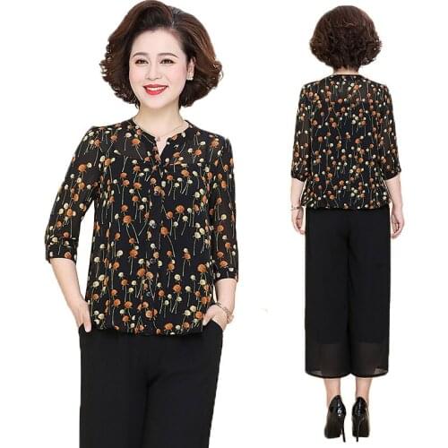 Fashion Womens Suits Spring Summer Women Clothing V-neck Floral Tops Wide Leg Pants 2 Pcs Sets Pants Sets Mother Dress 6XL 2020