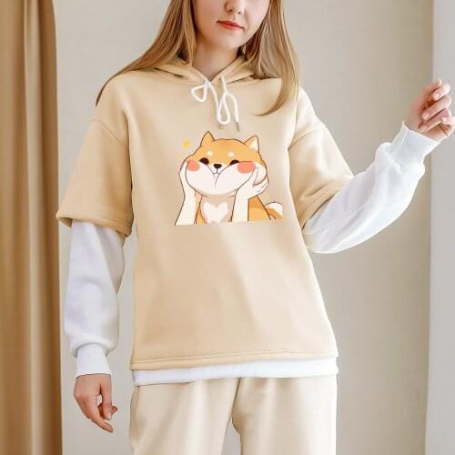 Cute Shiba Inu Print Patchwork Sweatshirt Women Aesthetic Pullover Color Block Hoodie Sweater for Girls Plus Size Sudadera Mujer
