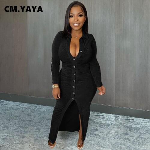 CM.YAYA Women Long Dress Solid Single Breasted Skinny Sexy Dresses Fashion Office Lady Maxi Vestidos Autumn Outfits 2021