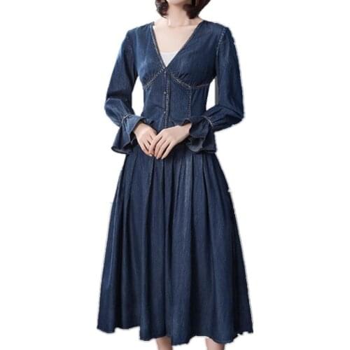 New arrival spring autumn flare sleeve denim dress women v-neck slim high waist big swing dress