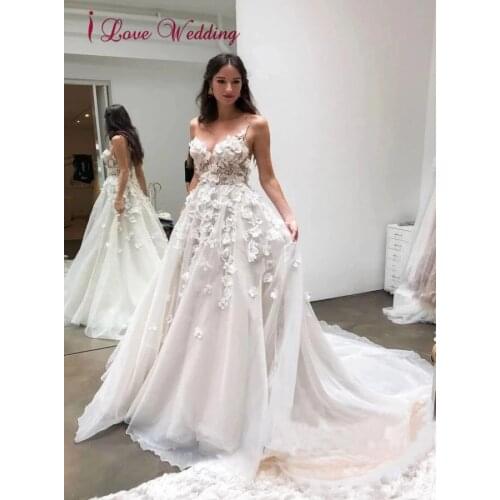 Vestido de novia 2020 Sexy V Neck Sapghetti Bride Dress Custom made A Line 3D Lace Applique Bridal Wedding Dresses