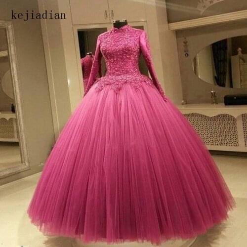 Rose red Israel Muslims Wedding Dress long sleeve beading high neck Wedding Gown Bride Dress Vestido de noiva Robe de mariage
