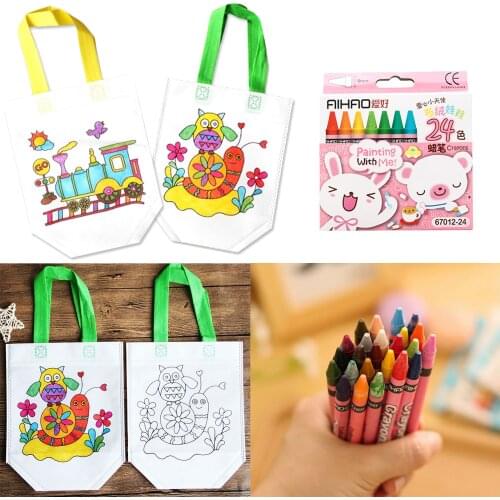 12Pcs Kids Children Non-woven DIY Graffiti Painting Drawing Handbags Tote Bag 24Pcs Crayons Early Learning Birthday Toys Gift