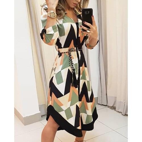 2020 Women Elegant Party Dresses Female Stylish Midi Dress Colorblocked Geo Print Asymmetrical Casual Dress