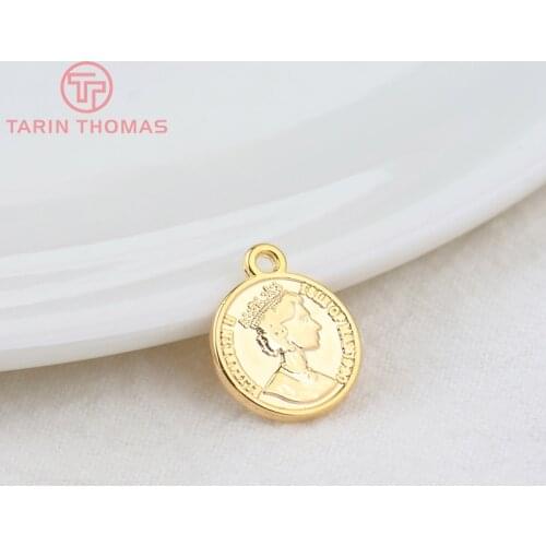 10PCS 11x13.5MM Hole 1MM 24K Gold Color Brass Queen of England Coin Charms Pendants Diy Jewelry Findings Accessories