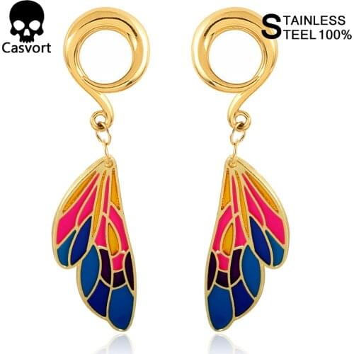 Casvort 2PCS Ear Weights Hook Plugs Dangle Feather Butterfly Wings Rainbow Color Stainless Steel Ear Gauge Ears Piercing