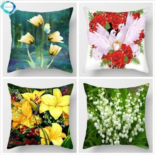 Sunflower Lotus Lily Rose Pattern Polyester Cushion Cover Pillow Cover Decorative for Home Chair Car Sofa 45x45cm