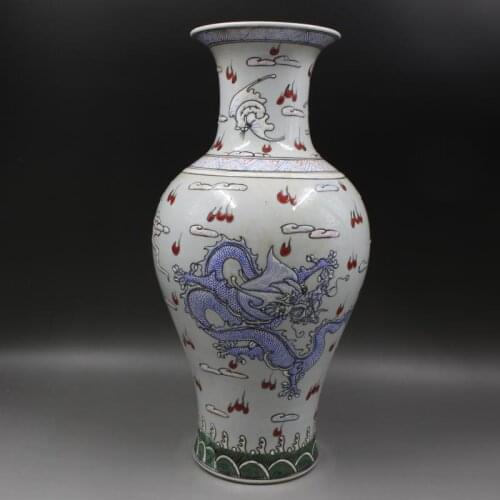 Qing Kangxi blue and white handpainted clouds dragon bucket fishtail vase handmade Jingdezhen antique porcelain