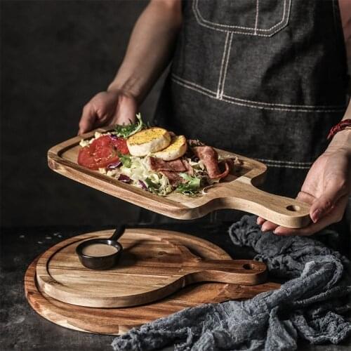 Wood Steak Plate With Handle Baking Cheese Serving Pan Pizza Board Rectangular Western Breakfast Tableware Pizza Tray