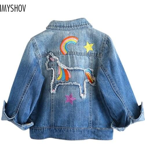 2018 Autumn Winter Denim Jacket For Girls Coats Baby Kids Girls Jackets Rainbow Unicorn Embroidered Children Outerwear Clothing
