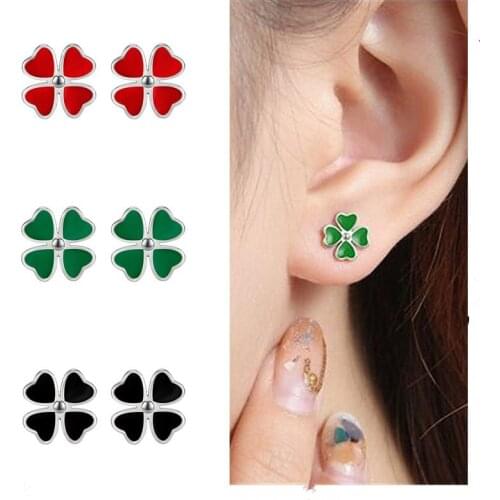 Classic Green Clover Stud Earrings For Women Jewelry Trendy S925 Earring Girl Personality Silver Accessories Female Epoxy Bijou