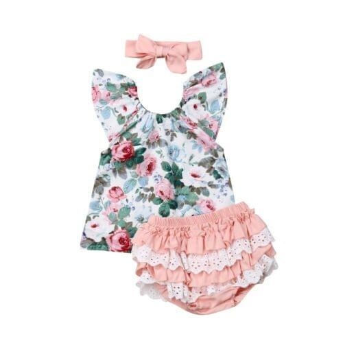6M-3Years Cute Floral Outfit Baby Girls Shirt Top Shorts Headband Outfits Clothes Set