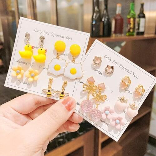 Small Yellow Duck Hot Sale 2021 Trendy Simple Female Korean Indifferent Temperament Earrings Set Flowers Love Heart Geometry