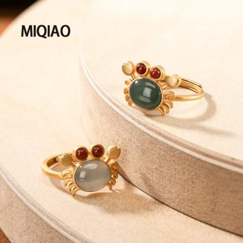 MIQIAO Crab Ring Women 925 Sterling Silver Gold Plated Natural Stone Jadeite Retro Simple Cute Female Opening Adjustable 2020