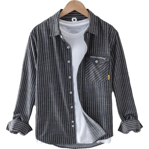 Long Sleeve Shirts for Men Casual Striped Vintage Clothing Pure Cotton Turn-down Collar Male Single Breasted Tops