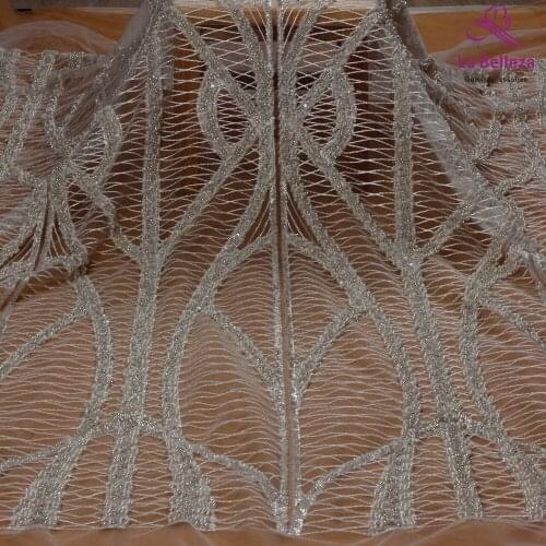 La Belleza 2019 New designer heavy beaded lace fabric off white,rose gold simple line beading evening dress lace fabric 1 yard