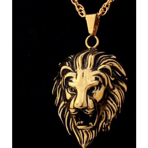 Mens gold Lion Head Charm Pendant Necklace ,Stainless steel Rock Punk Foundry gold Gothic necklace jewelry for women,23"chain