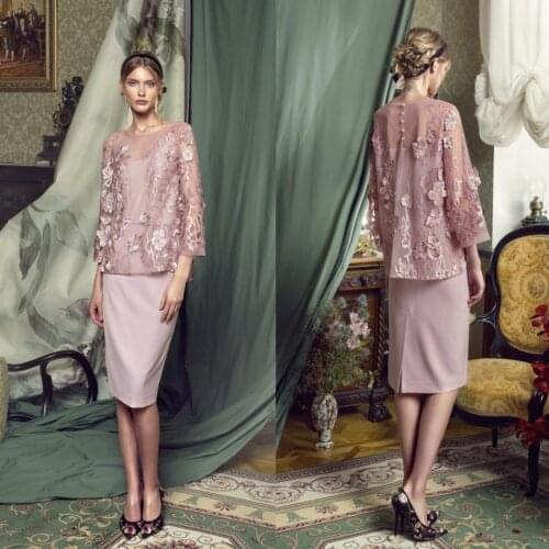 2020 Mother of the Bride Dresses Jewel Long Sleeves Lace Appliques Evening Gowns Custom Made Knee-Length Wedding Guest Dress