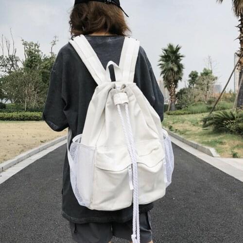 Casual Canvas Women Backpack Schoolbag Harajuku Drawstring Female Backpacks Laptop Bag for Men Travel Bags Daypack Bagpack Black