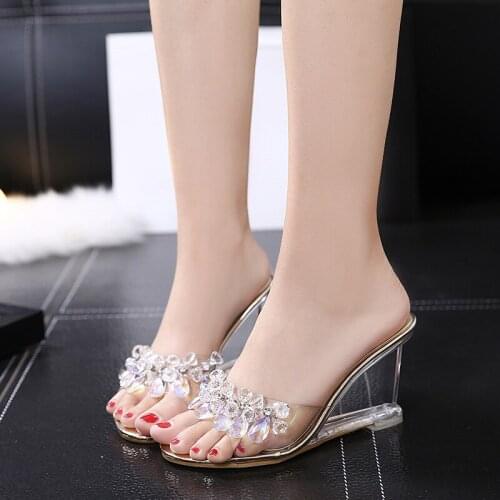 Wedge Heels Rhinestone Sandals Ladies Transparent Shoes Size 43 Sexy Slippers Women Sexy High Heel Sandal Woman Clear Sandals