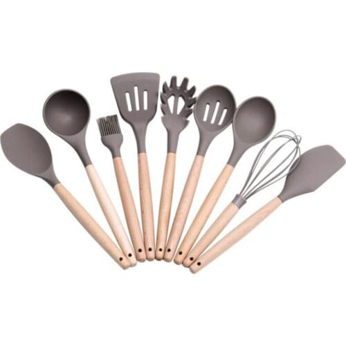 2019 NEW Wooden Handle Silicone Kitchenware Non-Stick Pan Silicone Kitchen Utensils Cooking Tools Kitchen Utensils