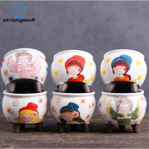 Strongwell Garden Accessories Modern Girl Painted Succulent Ceramic Flower Pot Outdoor Balcony Unique Design Garden Planting Pot