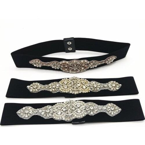 High End iridescence Rhinestone Waist Band Belts Flower Applique Wedding Bride Dress Sashes Elastic Crystal Corset Strechy Belts