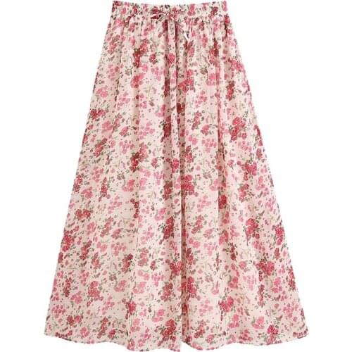Klacwaya Women 2020 Chic Fashion Floral Print Pleated Midi Skirt Vintage High Elastic Waist Drawstring With Lining Female Skirts