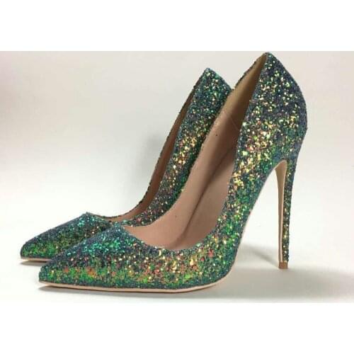 Green Glitter bling bling wedding shoes 12cm high heel pumps sexy stiletto heels party shoes women plus size 45 LF004 CHENSIR9