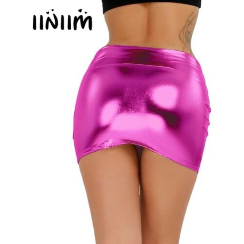 US STOCK iiniim Sexy Womens Femme Evening Clubwear Shiny Snug-fitting Patent Leather Wetlook Mini Skirt Cocktail Costumes Skirts