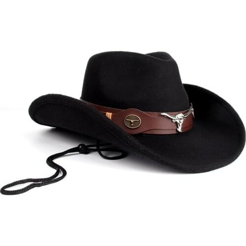 Women Men Wool Western Cowboy Hat With Roll Up Brim Jazz Cowgirl Cap With Bulls Head Belt Fedora Church Sombrero Cap