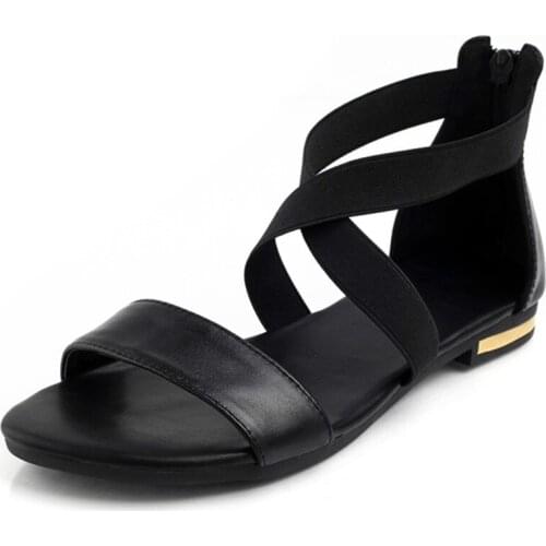 Dropshipping 2019 Genuine Leather Women Sandals Hot Sale Fashion Summer Sweet Women Flats Heel Sandals Ladies Shoes Black