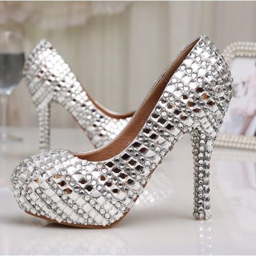 Womens High Heel Glitter Crystal Platforms Wedding Shoes Diamond Jeweled Silver Bridal Shoes 12cm Cinderella Prom Evening Pumps