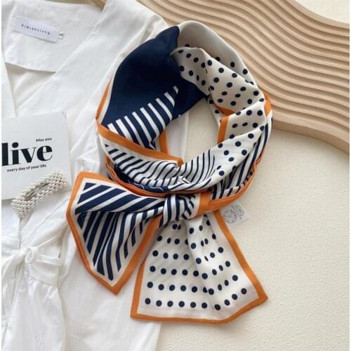 2021 New Summer Autumn Womens Long Striped Dots Prints Skiny Hair Satin Scarf Square Women Geometry Patchwork Bag Handle Scarfs