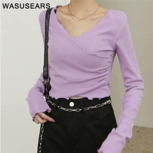 Fall 2020 women white ruffle top long sleeve wrap crop top sexy v neck t shirts for women slim black crop top t shirt chic