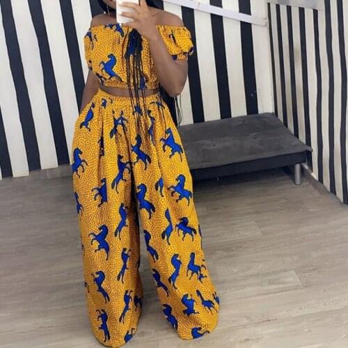 Casual Print Two Piece Set For Women O Neck Short Sleeve Top High Waist Full Length Wide Leg Pant Loose Sets Female 2021 E639