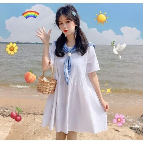 Jk Style Women Summer Dress Sailor Collar A-line Dresses Sweet Girls Knee Length Pleated Dress Summer Hight Waist Lolita Dresses