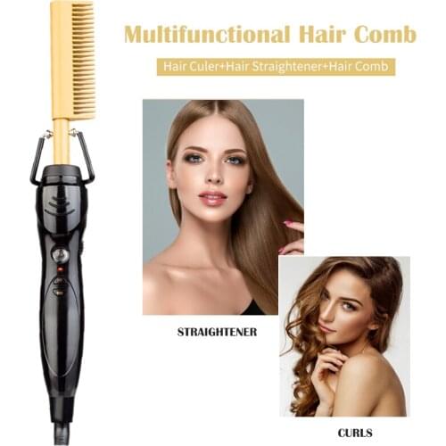 Gold Hot Hair Comb Fast Smoothing Electric Hair Straightener Brush Curling Irons Ceramic Heating Temperature Men Beard Styling