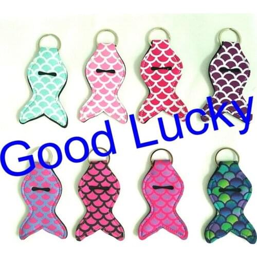 1000pcs/lot free shipping 8 colors mixed mermaid tail sublimation keychain chapstick holder lip balm sleeves